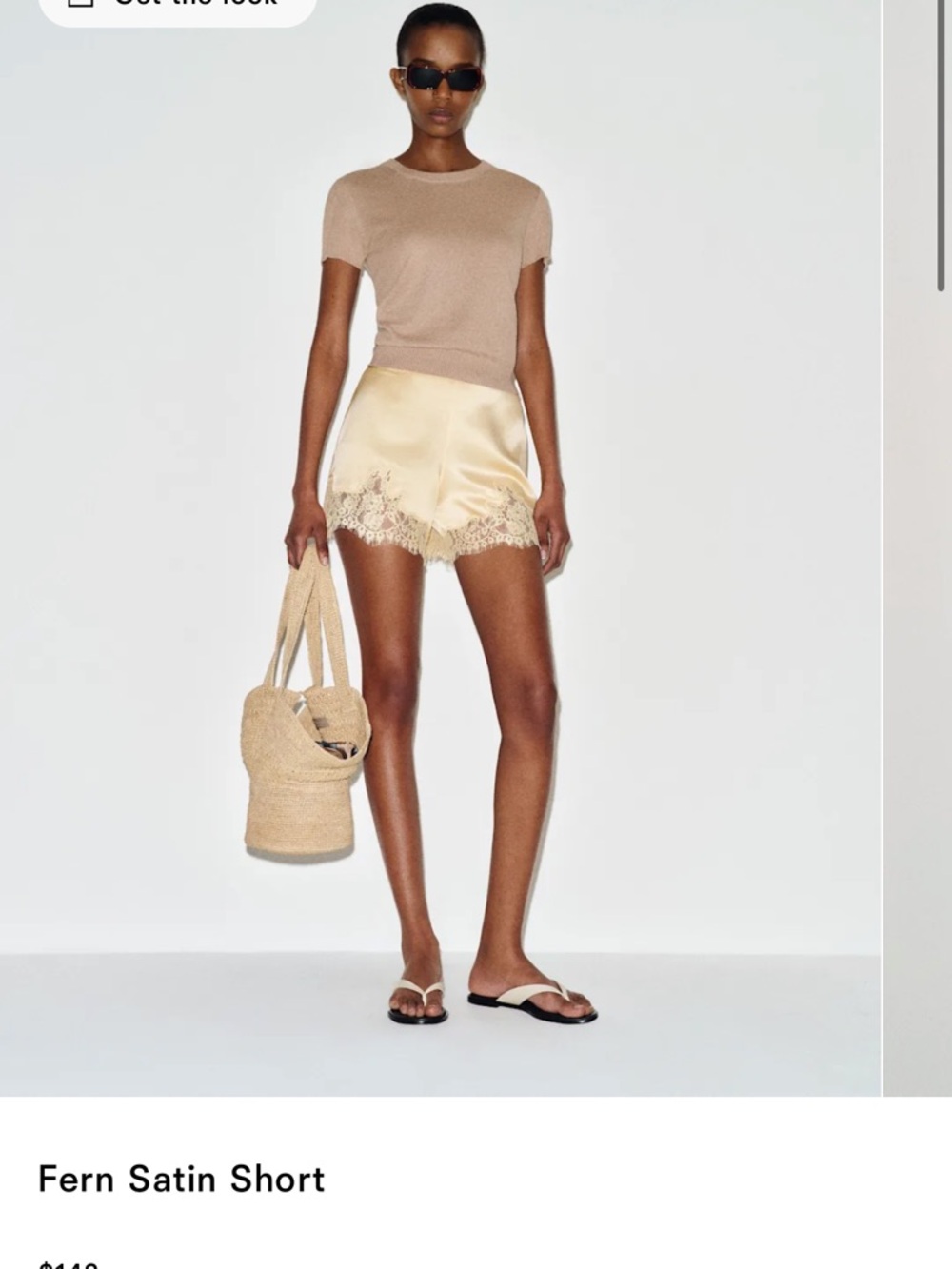 Reformation Champagne Satin Lace-Trim Shorts